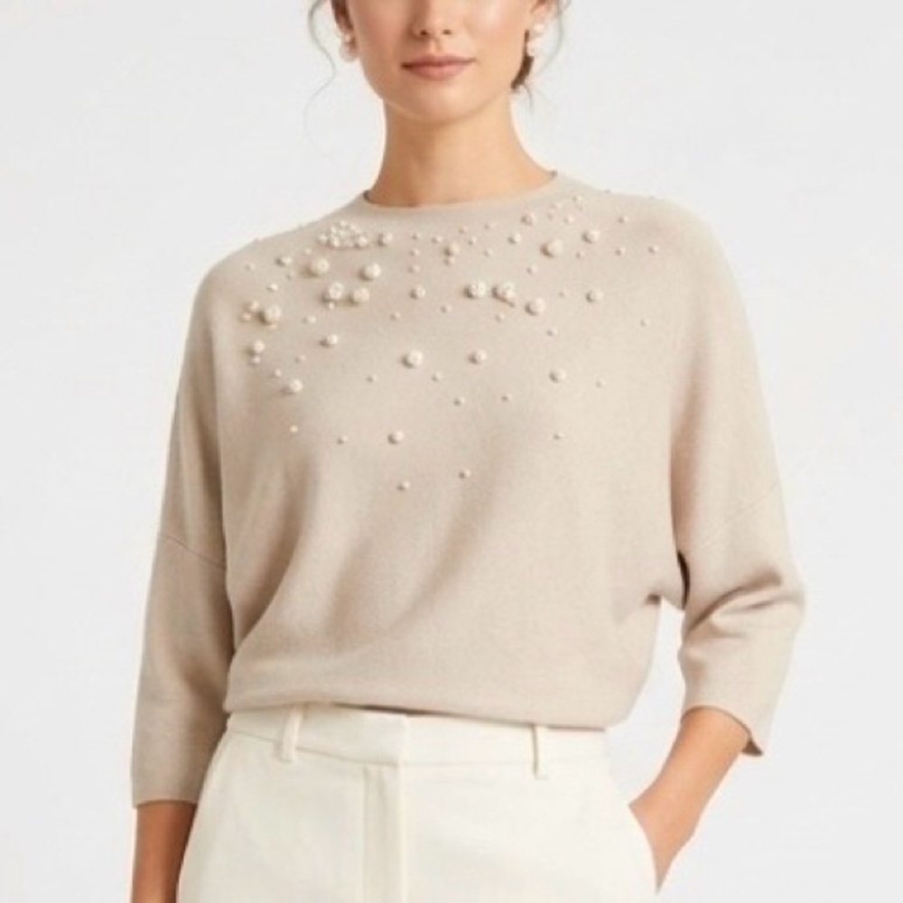 Catherine Malandrino Pearl Sweater Beige Knit Short Sleeve Dolman XS